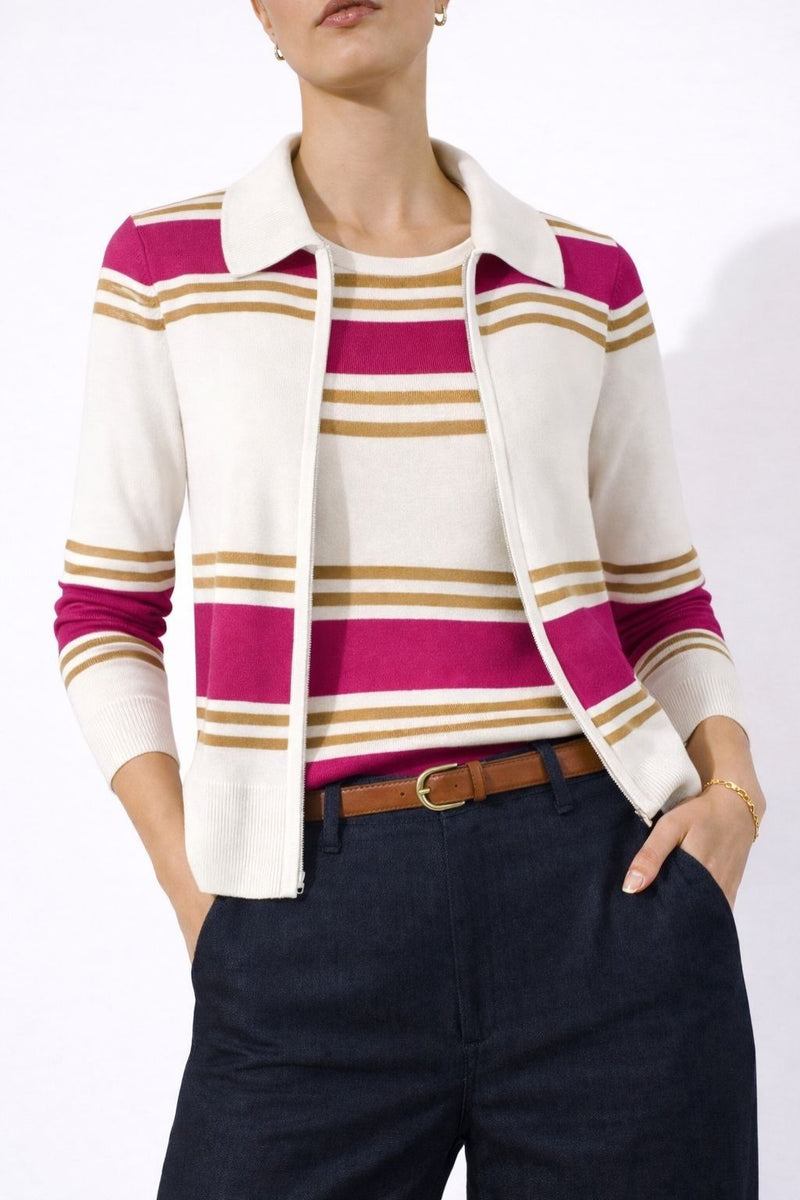 The Sirocco Stolen Softness striped zip-up cardigan jacket with collared neckline, fitted silhouette, and long sleeves