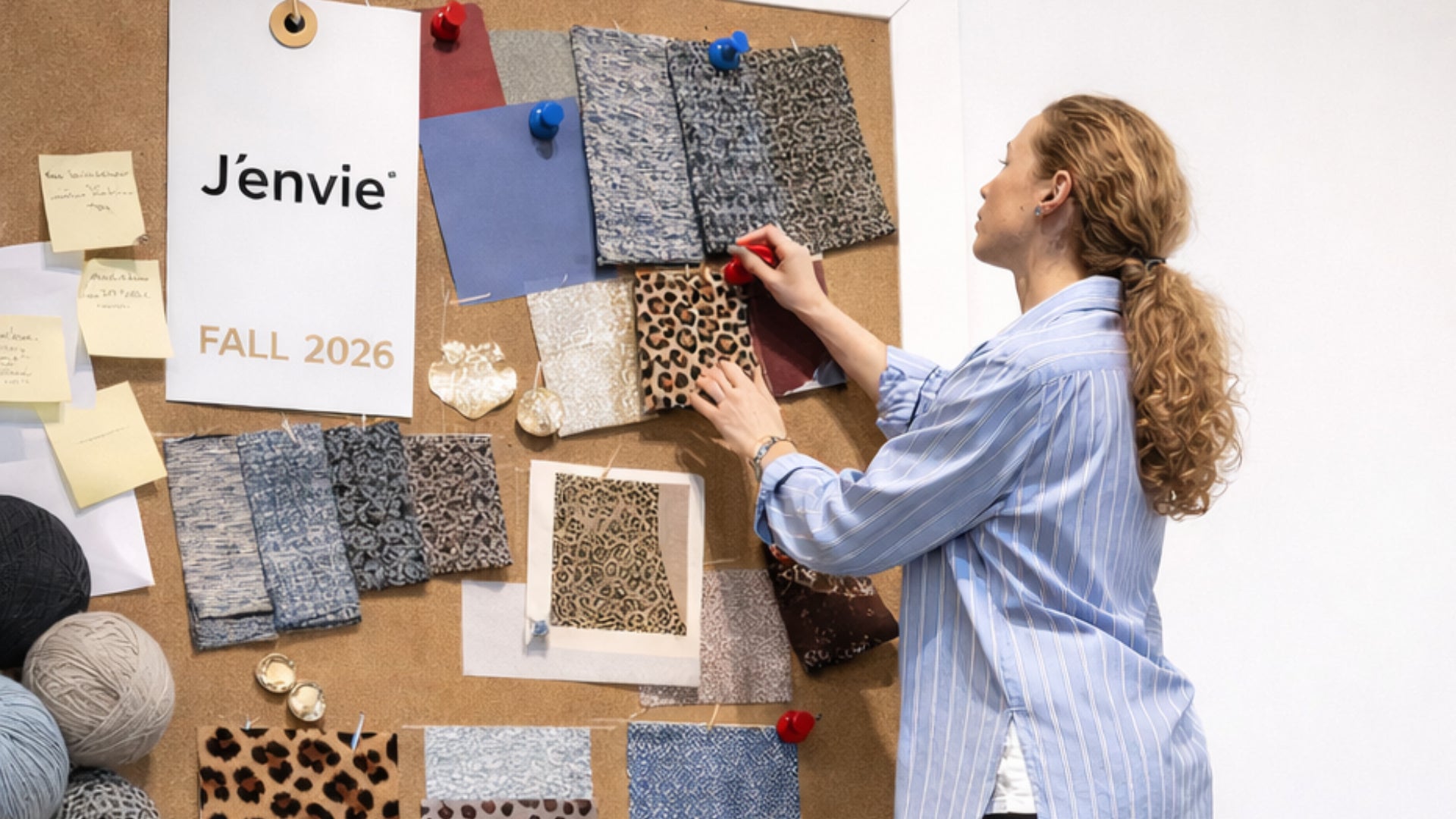 A designer pinning fabric swatches to the Fall 2026 board in the J'envie studio