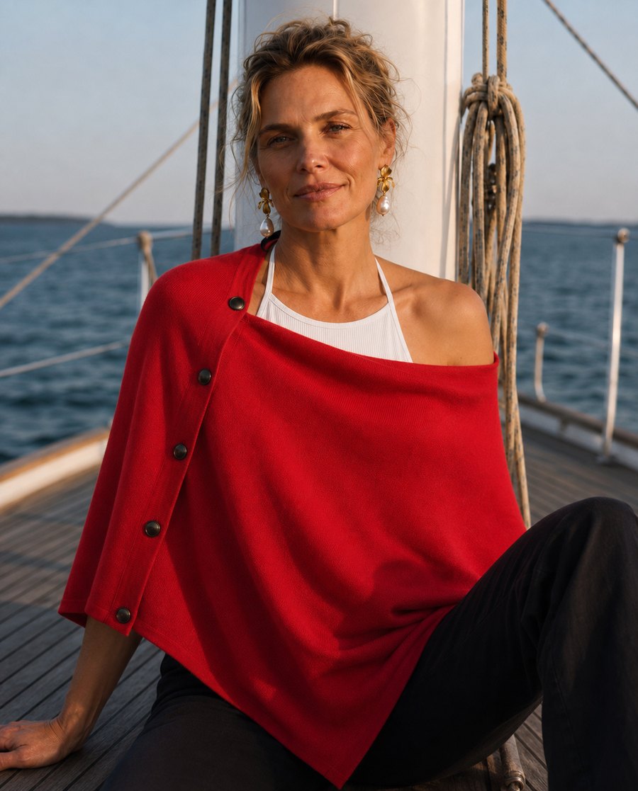 A woman in a red J'envie poncho on the deck of a boat