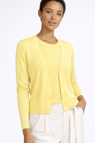 Lightweight chiffon yellow cardigan, paired with soft shell tank.