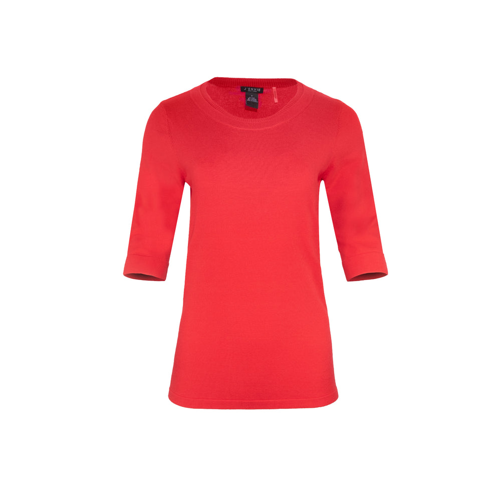 The Gee-Gee Stolen Softness crew neck elbow sleeve knit tee sweater top with clean silhouette, side slit, and shell-colored button detail