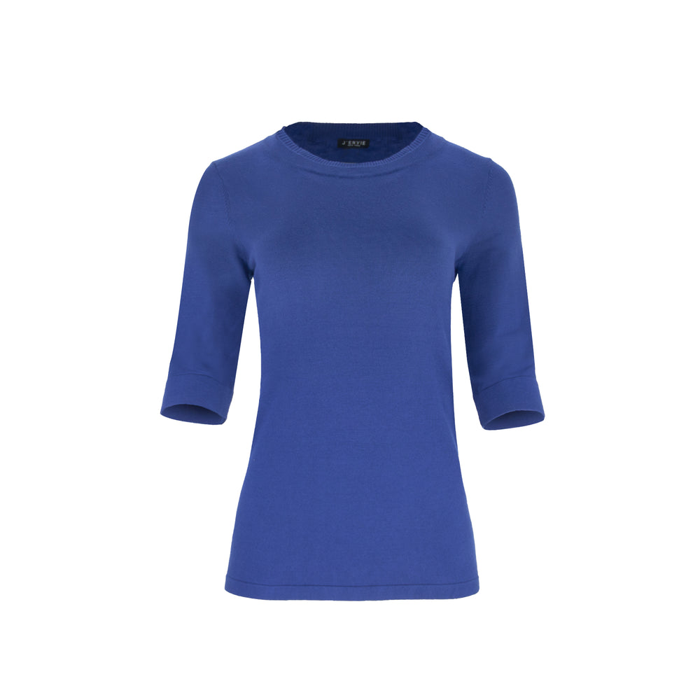 The Gee-Gee Stolen Softness crew neck elbow sleeve knit tee sweater top with clean silhouette, side slit, and shell-colored button detail