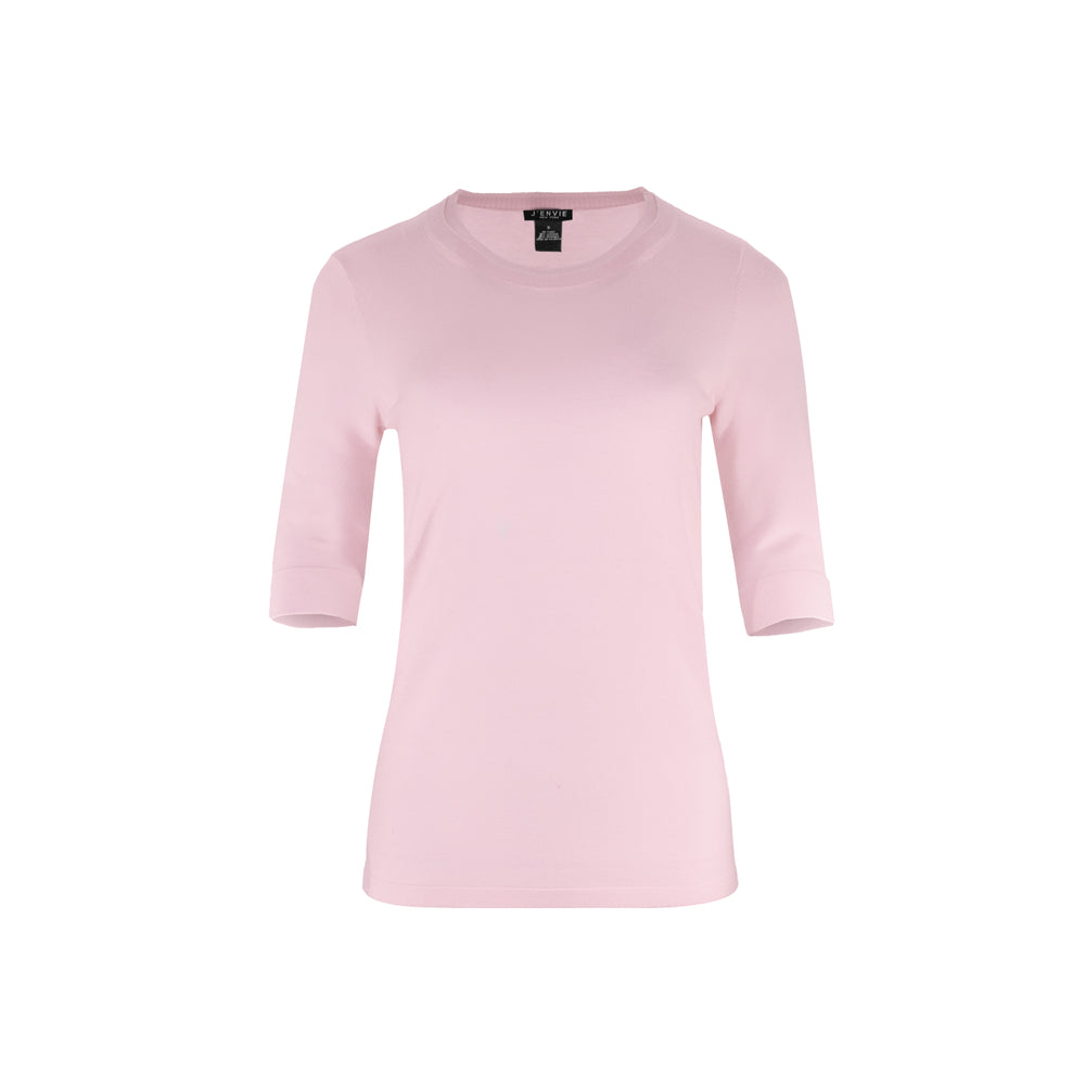 The Gee-Gee Stolen Softness crew neck elbow sleeve knit tee sweater top with clean silhouette, side slit, and shell-colored button detail
