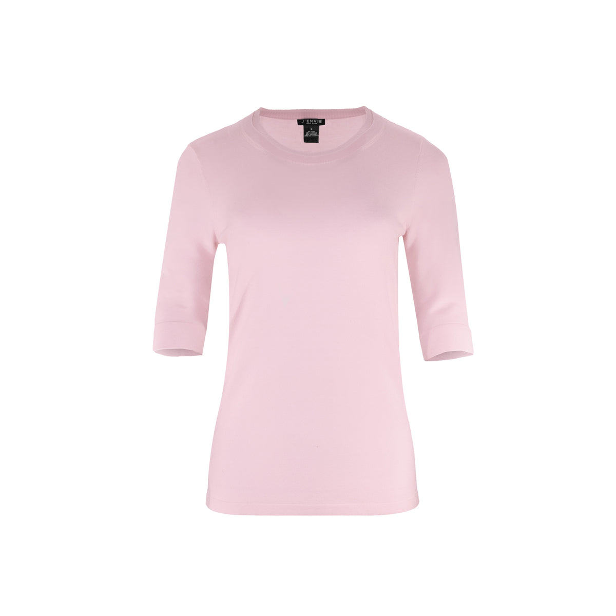 The Gee-Gee Stolen Softness crew neck elbow sleeve knit tee sweater top with clean silhouette, side slit, and shell-colored button detail