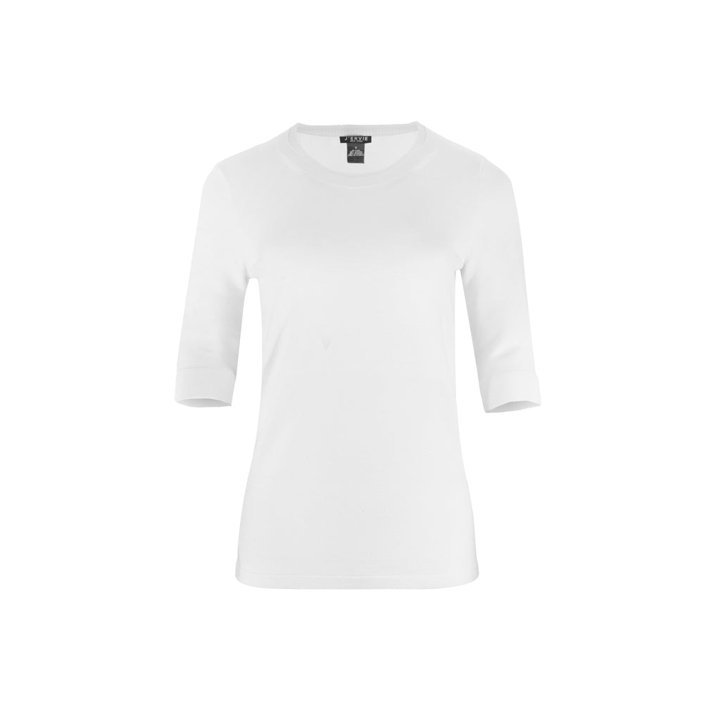 The Gee-Gee Stolen Softness crew neck elbow sleeve knit tee sweater top with clean silhouette, side slit, and shell-colored button detail