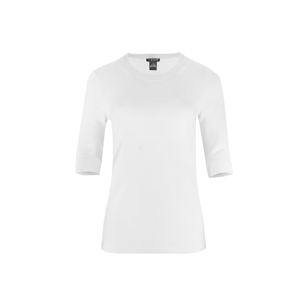 The Gee-Gee Stolen Softness crew neck elbow sleeve knit tee sweater top with clean silhouette, side slit, and shell-colored button detail