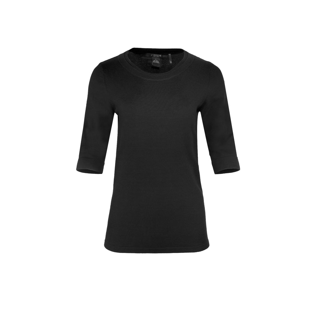 The Gee-Gee Stolen Softness crew neck elbow sleeve knit tee sweater top with clean silhouette, side slit, and shell-colored button detail