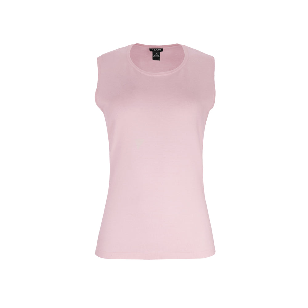 Streamlined sleeveless crew neck knit shell sweater top designed for easy layering and everyday wear