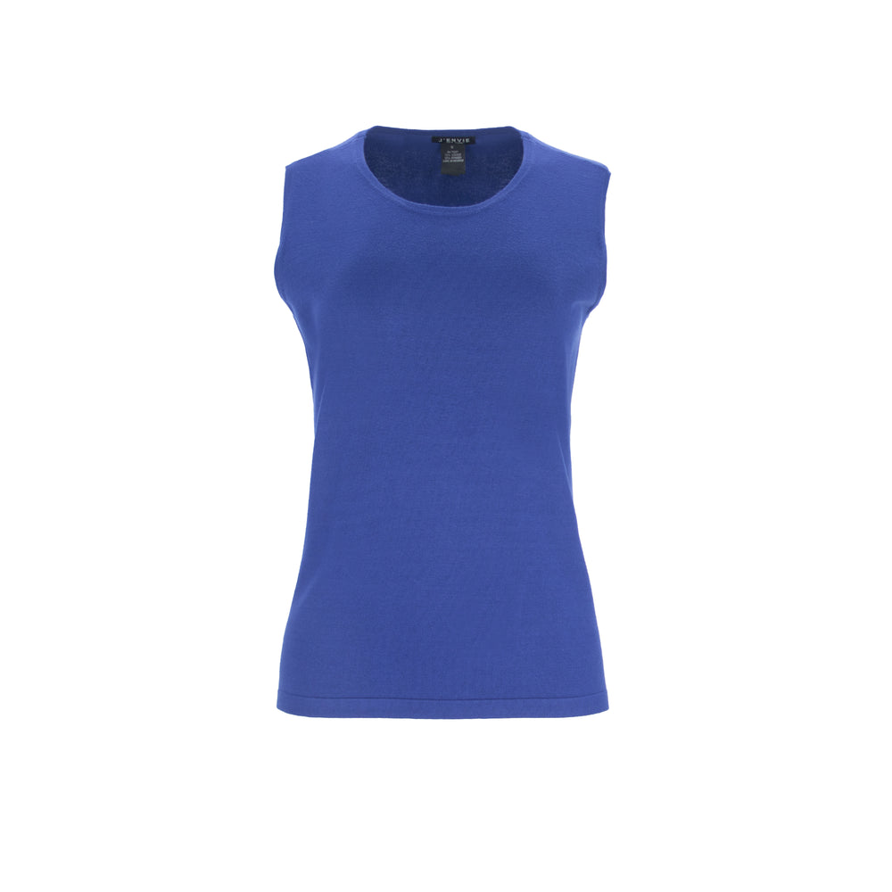 Streamlined sleeveless crew neck knit shell sweater top designed for easy layering and everyday wear