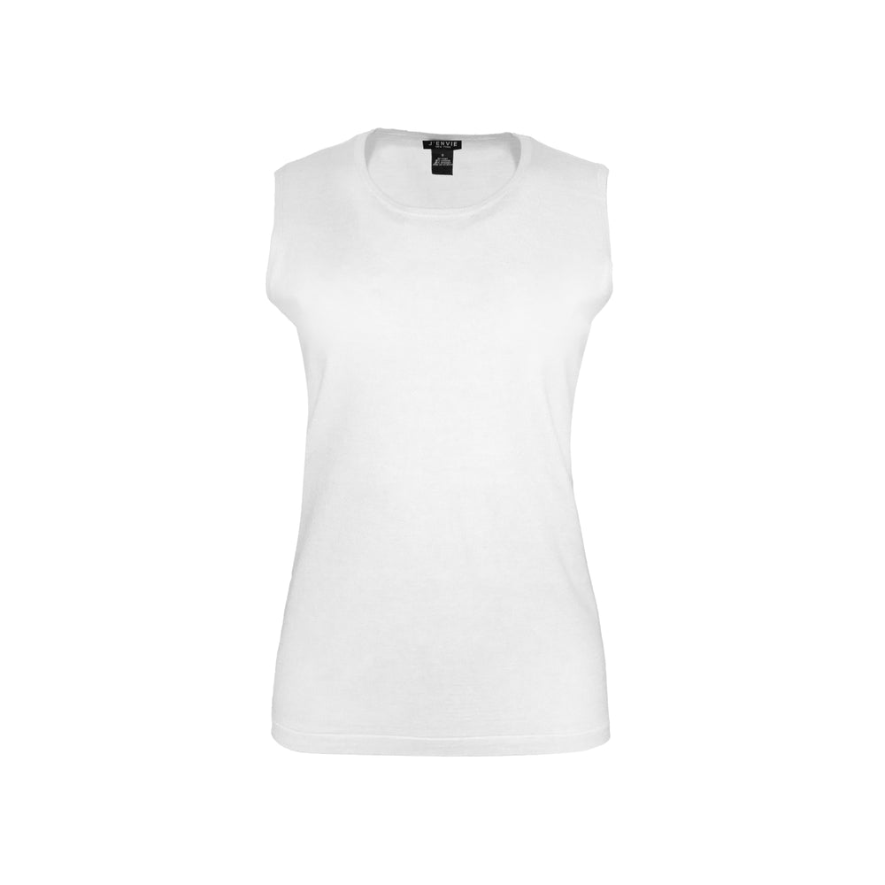 Streamlined sleeveless crew neck knit shell sweater top designed for easy layering and everyday wear