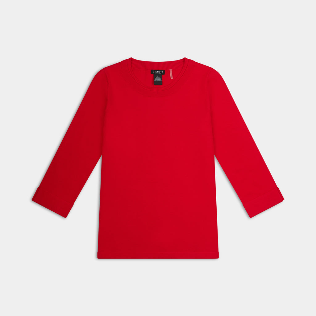 The Gee-Gee Stolen Softness crew neck elbow sleeve knit tee sweater top with clean silhouette, side slit, and shell-colored button detail