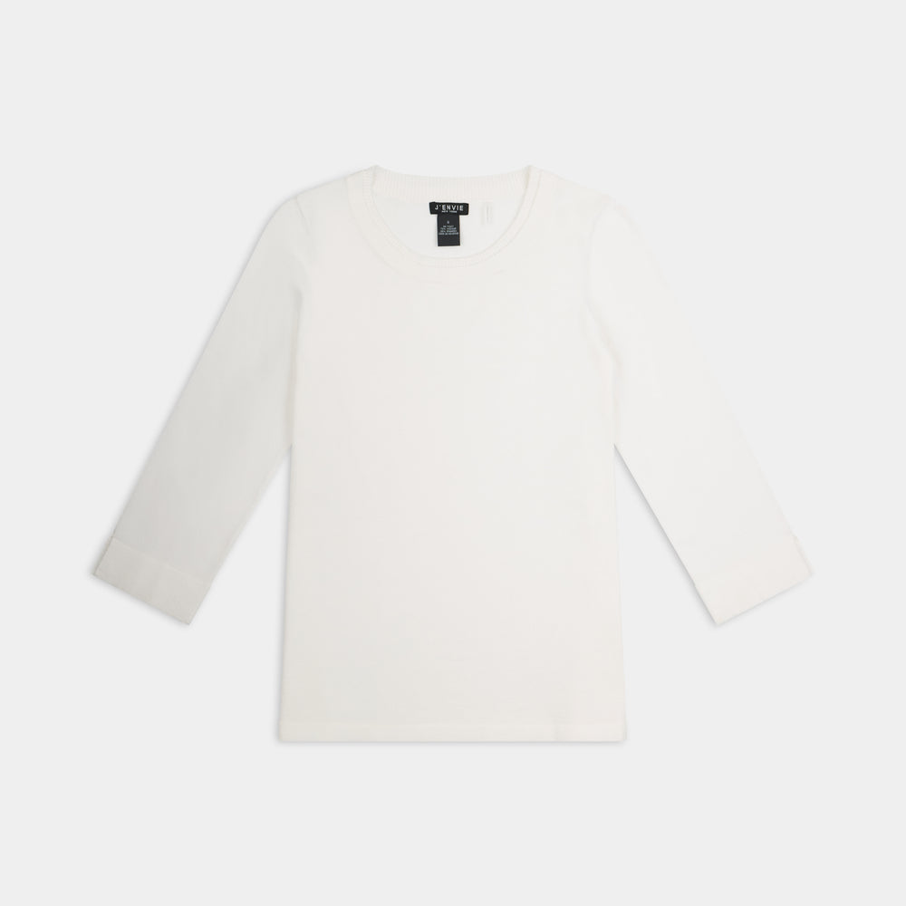 The Gee-Gee Stolen Softness crew neck elbow sleeve knit tee sweater top with clean silhouette, side slit, and shell-colored button detail