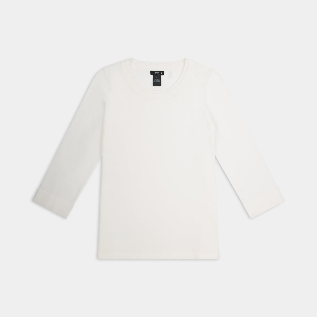 The Gee-Gee Stolen Softness crew neck elbow sleeve knit tee sweater top with clean silhouette, side slit, and shell-colored button detail