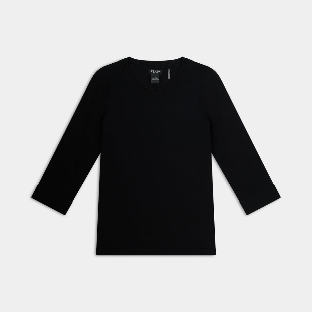 The Gee-Gee Stolen Softness crew neck elbow sleeve knit tee sweater top with clean silhouette, side slit, and shell-colored button detail