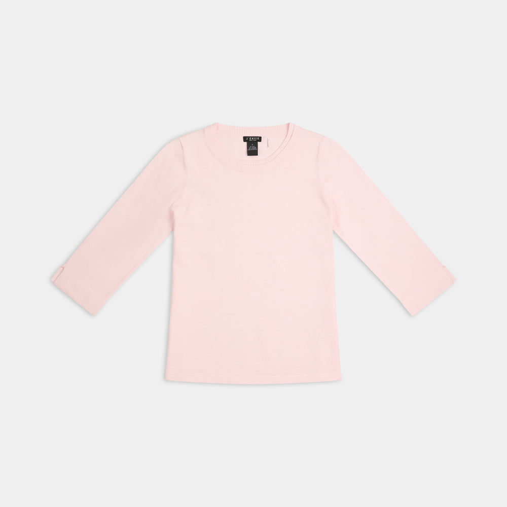 The Gee-Gee Stolen Softness crew neck elbow sleeve knit tee sweater top with clean silhouette, side slit, and shell-colored button detail