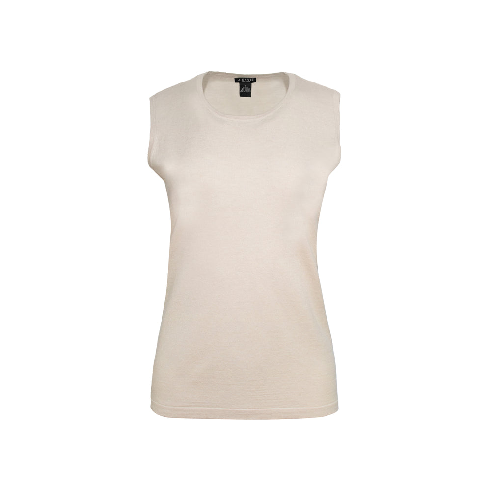 Streamlined sleeveless crew neck knit shell sweater top designed for easy layering and everyday wear