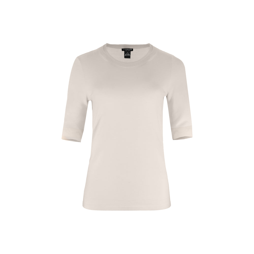 The Gee-Gee Stolen Softness crew neck elbow sleeve knit tee sweater top with clean silhouette, side slit, and shell-colored button detail