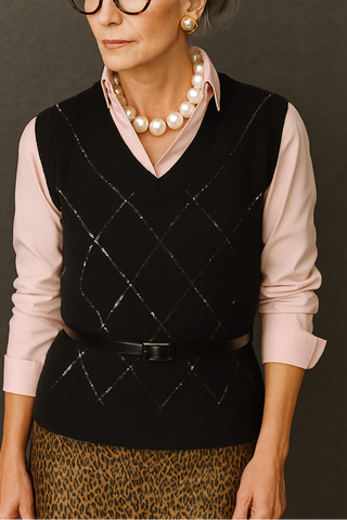 Woman wearing a black quilted vest over a pink shirt with a brown leopard print skirt on a dark background