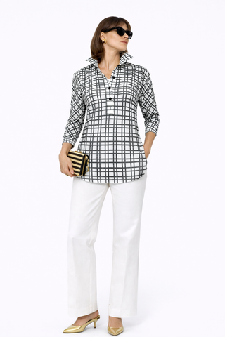 The Gabby Odyssey Check stretch pop-over tunic blouse with textured bubble fabric, collared neckline, long sleeves, front placket, and black Akoya cuff buttons
