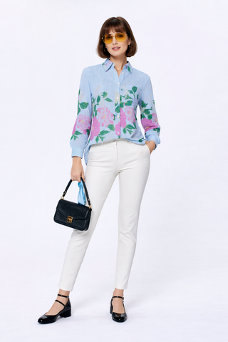 The Ashley Galatea print floral button-down blouse in cotton challis with long sleeves and a collared neckline