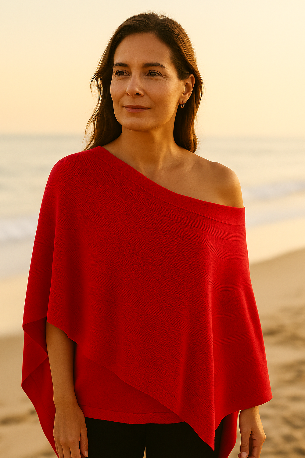 The Belle dual-textured tonal striped knit poncho sweater with semi-sheer bands, unstructured silhouette, and pointed hem