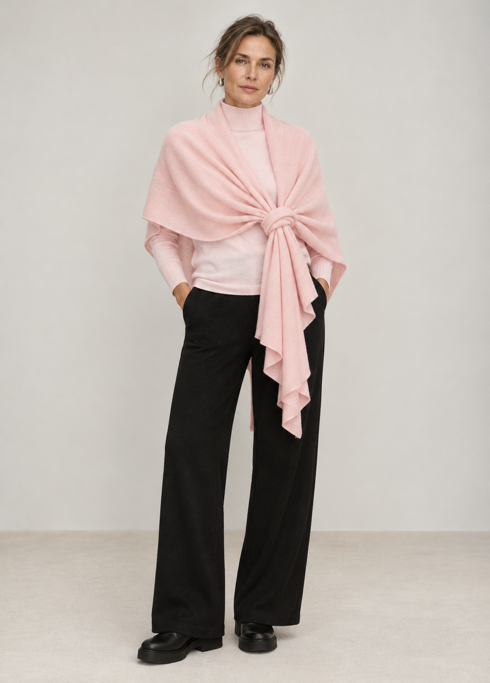 The Rachel Wrap in Pale Pink, knotted over the Terri Mockneck, with the Fasano pant