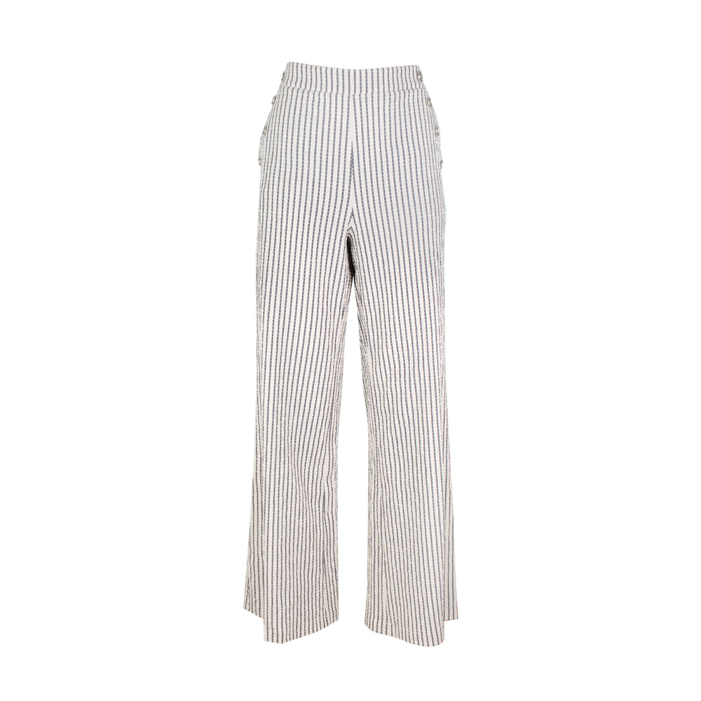 The Como high-rise wide-leg full length Italian seersucker striped stretch pant with curved front pockets and silver button detail