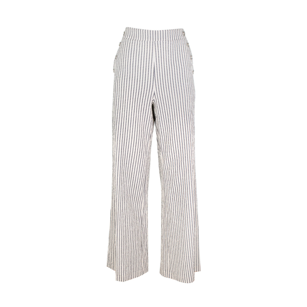 The Como high-rise wide-leg full length Italian seersucker striped stretch pant with curved front pockets and silver button detail
