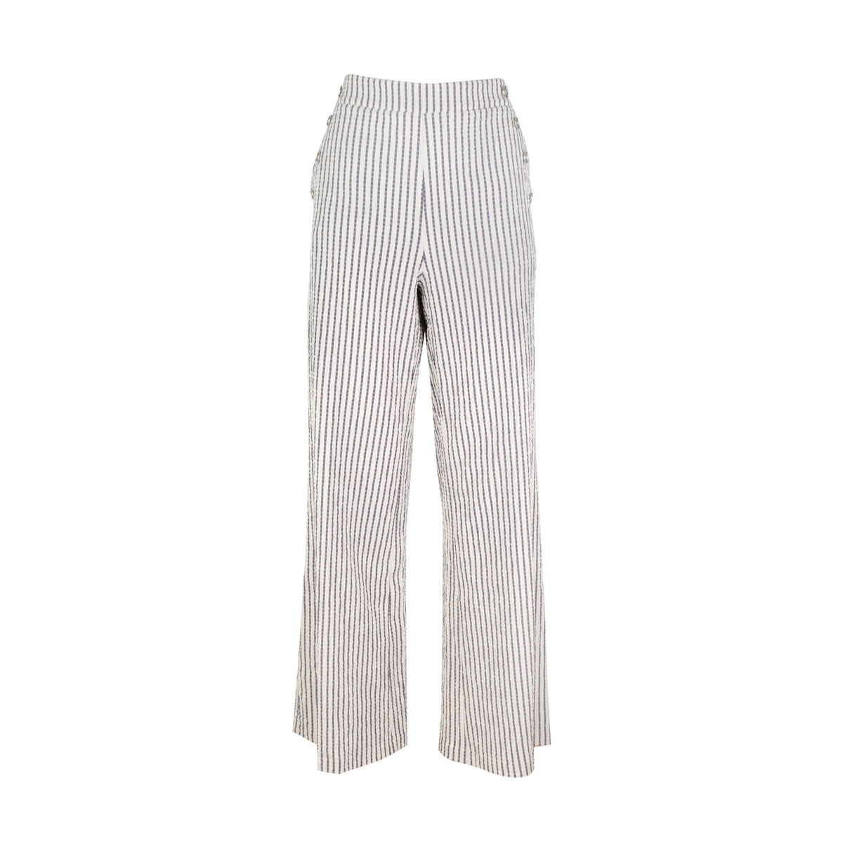 The Como high-rise wide-leg full length Italian seersucker striped stretch pant with curved front pockets and silver button detail