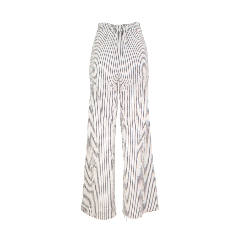 The Como high-rise wide-leg full length Italian seersucker striped stretch pant with curved front pockets and silver button detail