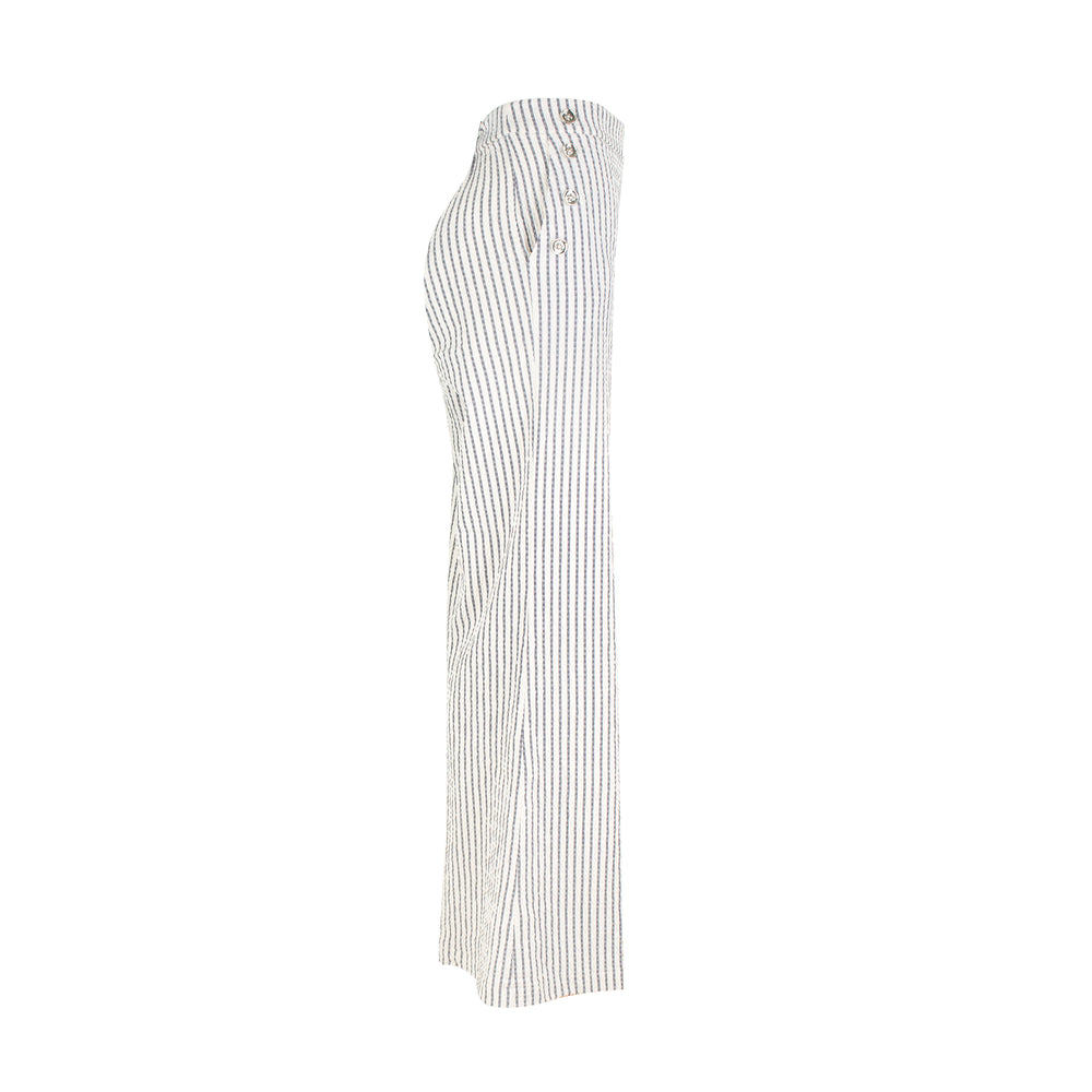 The Como high-rise wide-leg full length Italian seersucker striped stretch pant with curved front pockets and silver button detail