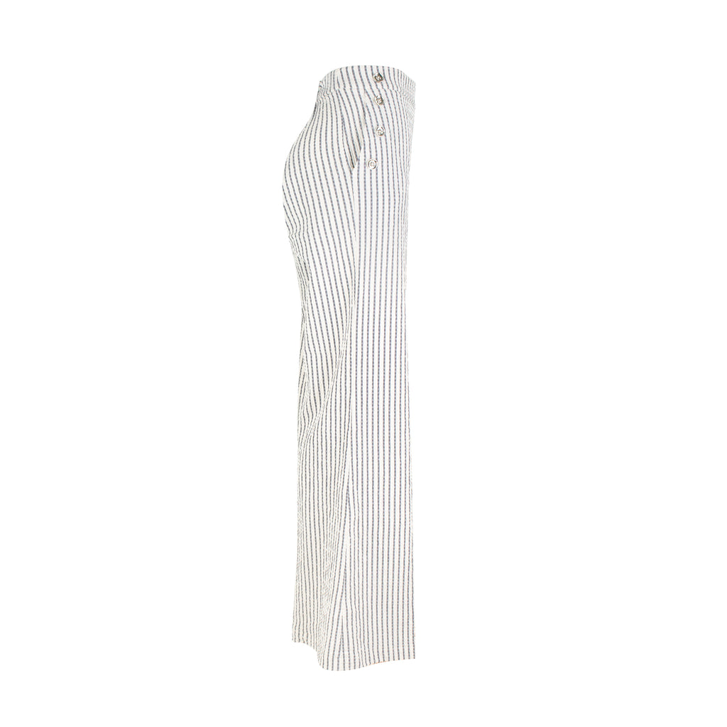 The Como high-rise wide-leg full length Italian seersucker striped stretch pant with curved front pockets and silver button detail