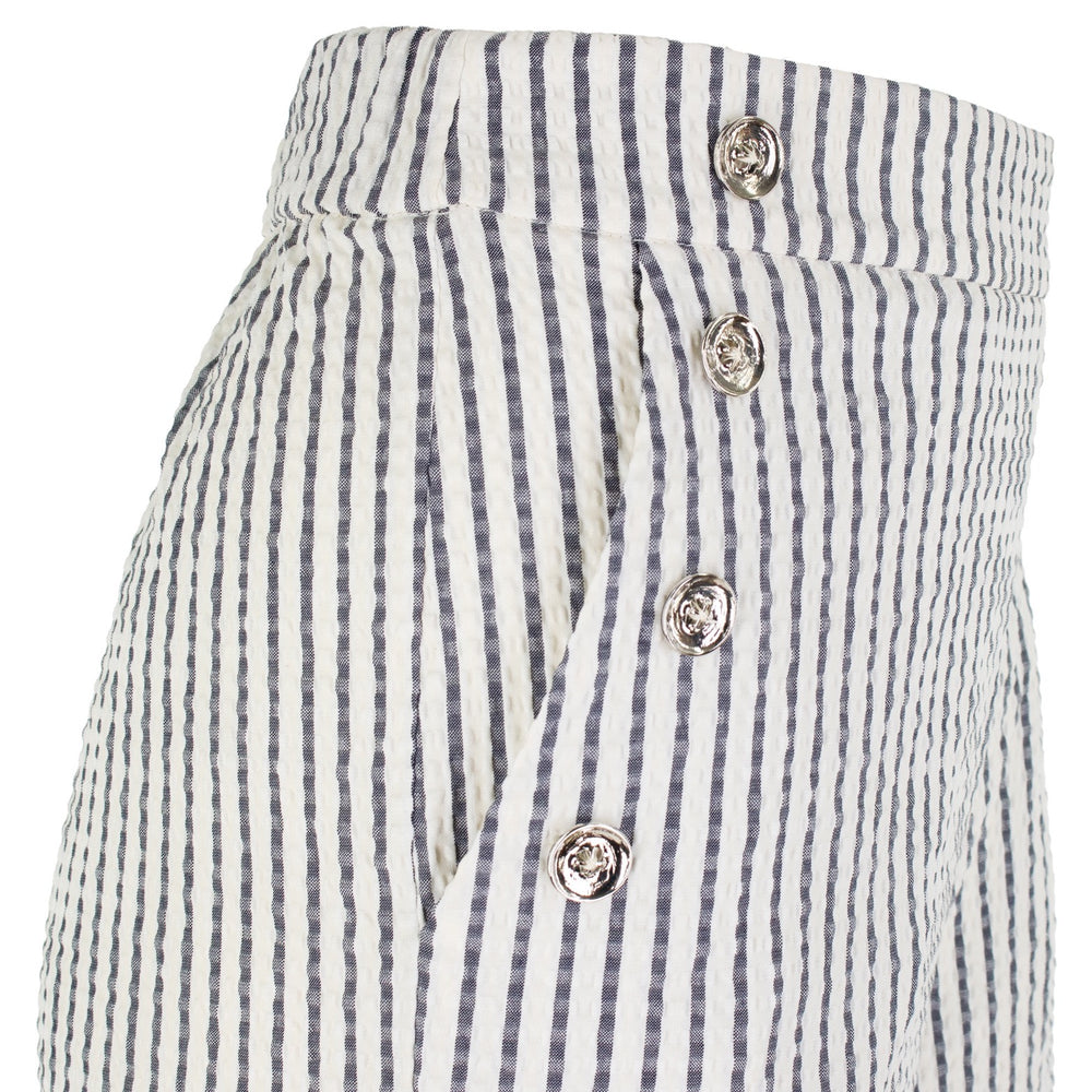 The Como high-rise wide-leg full length Italian seersucker striped stretch pant with curved front pockets and silver button detail