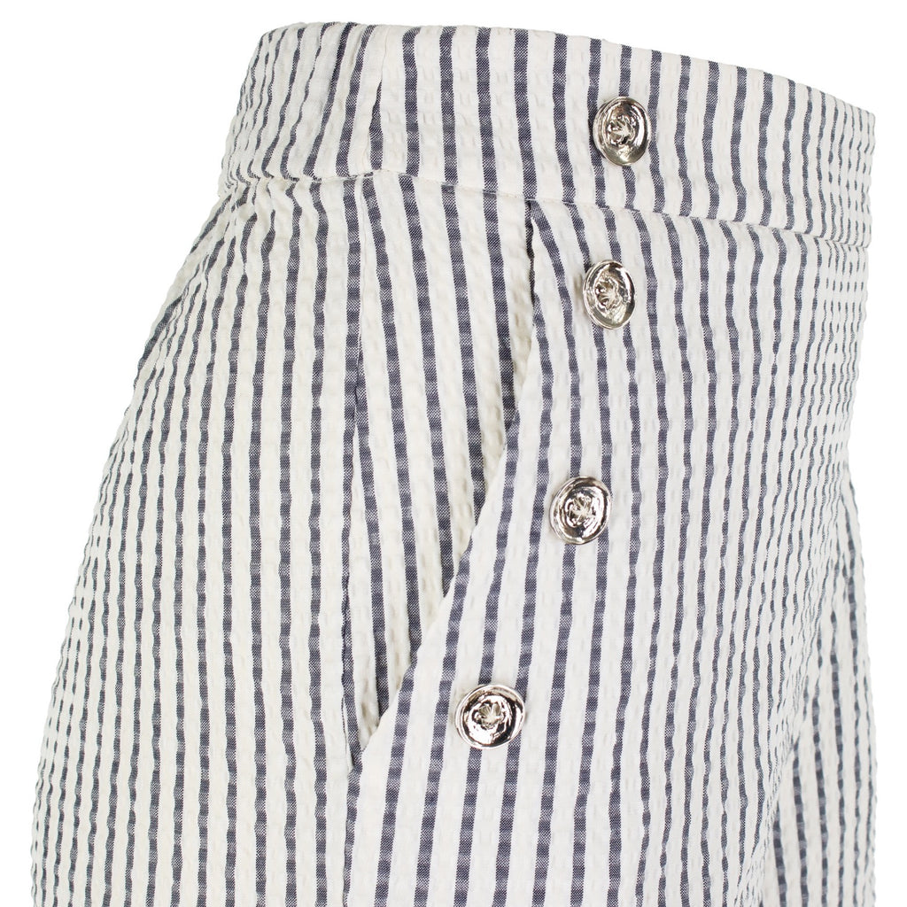 The Como high-rise wide-leg full length Italian seersucker striped stretch pant with curved front pockets and silver button detail