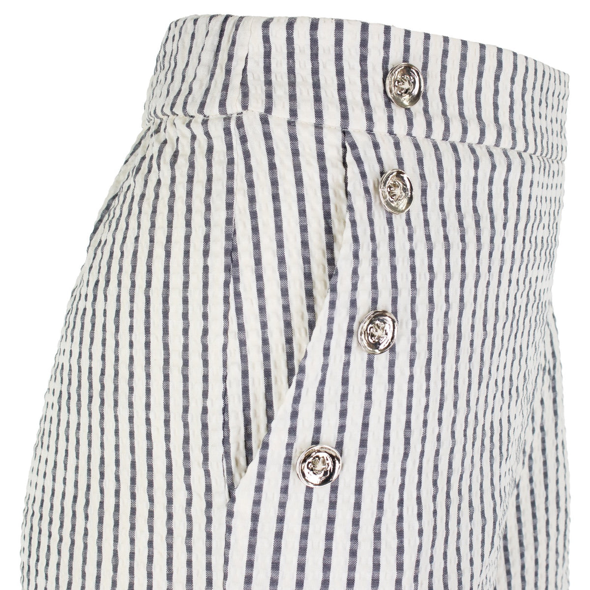 The Como high-rise wide-leg full length Italian seersucker striped stretch pant with curved front pockets and silver button detail