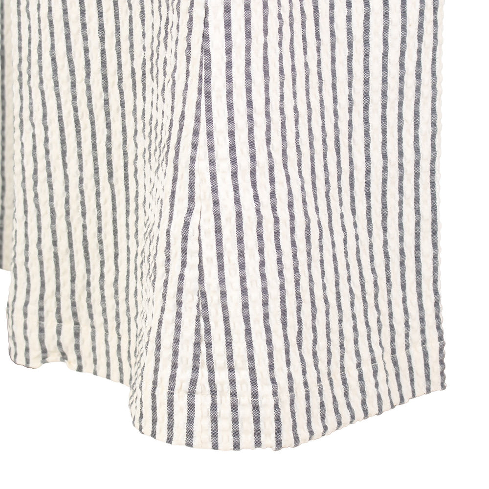 The Como high-rise wide-leg full length Italian seersucker striped stretch pant with curved front pockets and silver button detail