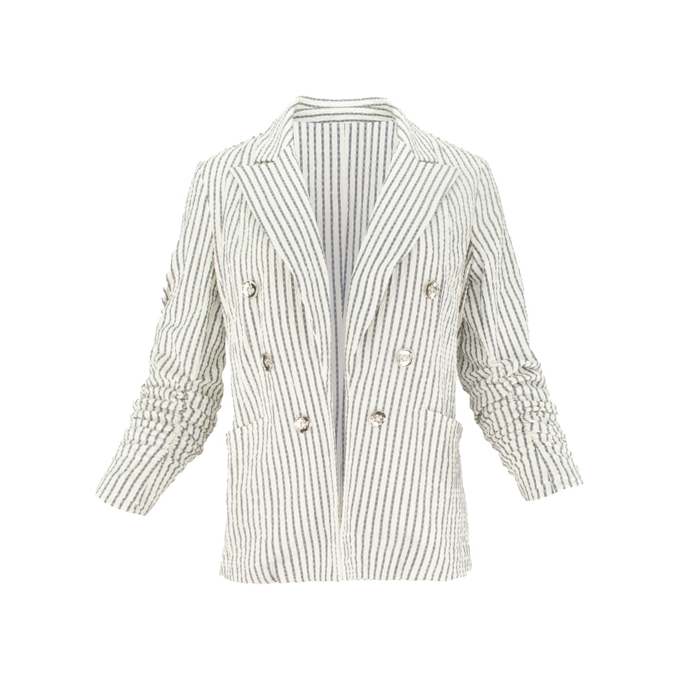 Lightweight breathable Italian seersucker striped blazer with stretch, tailored structure, and 3/4 sleeves