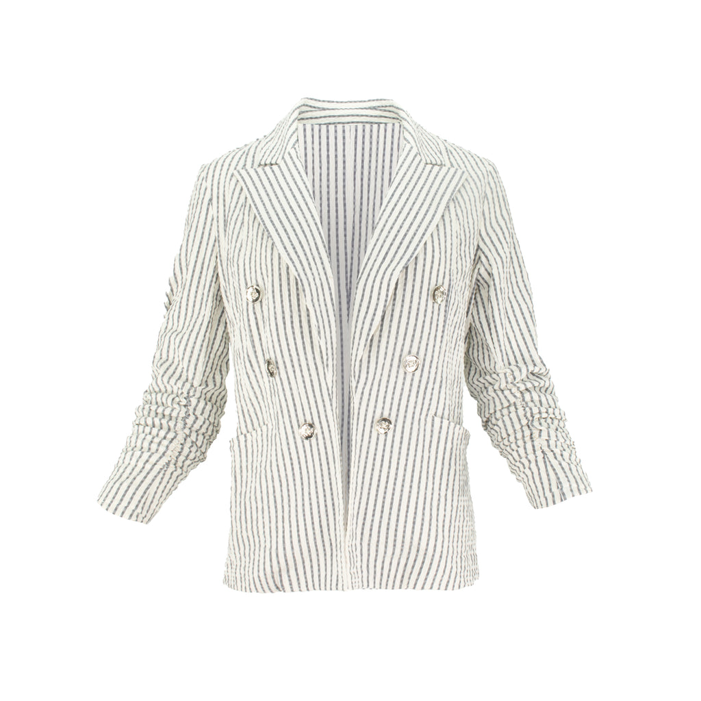 Lightweight breathable Italian seersucker striped blazer with stretch, tailored structure, and 3/4 sleeves