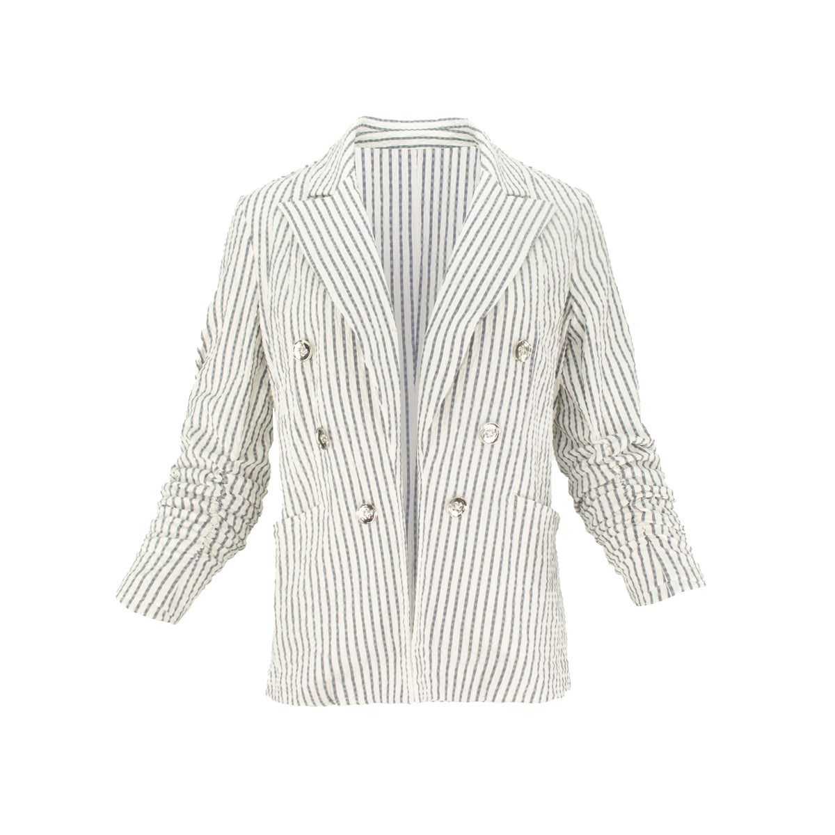 Lightweight breathable Italian seersucker striped blazer with stretch, tailored structure, and 3/4 sleeves