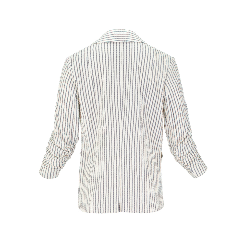 Lightweight breathable Italian seersucker striped blazer with stretch, tailored structure, and 3/4 sleeves