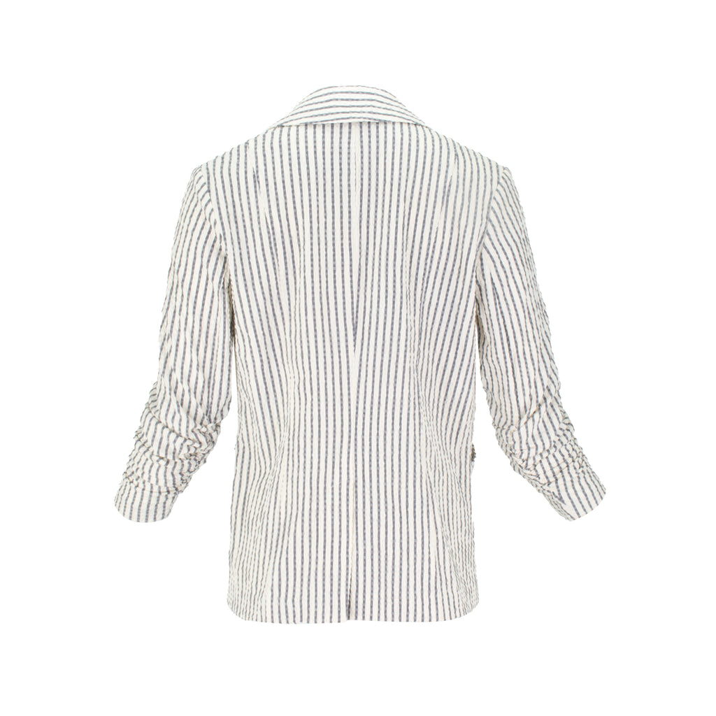 Lightweight breathable Italian seersucker striped blazer with stretch, tailored structure, and 3/4 sleeves