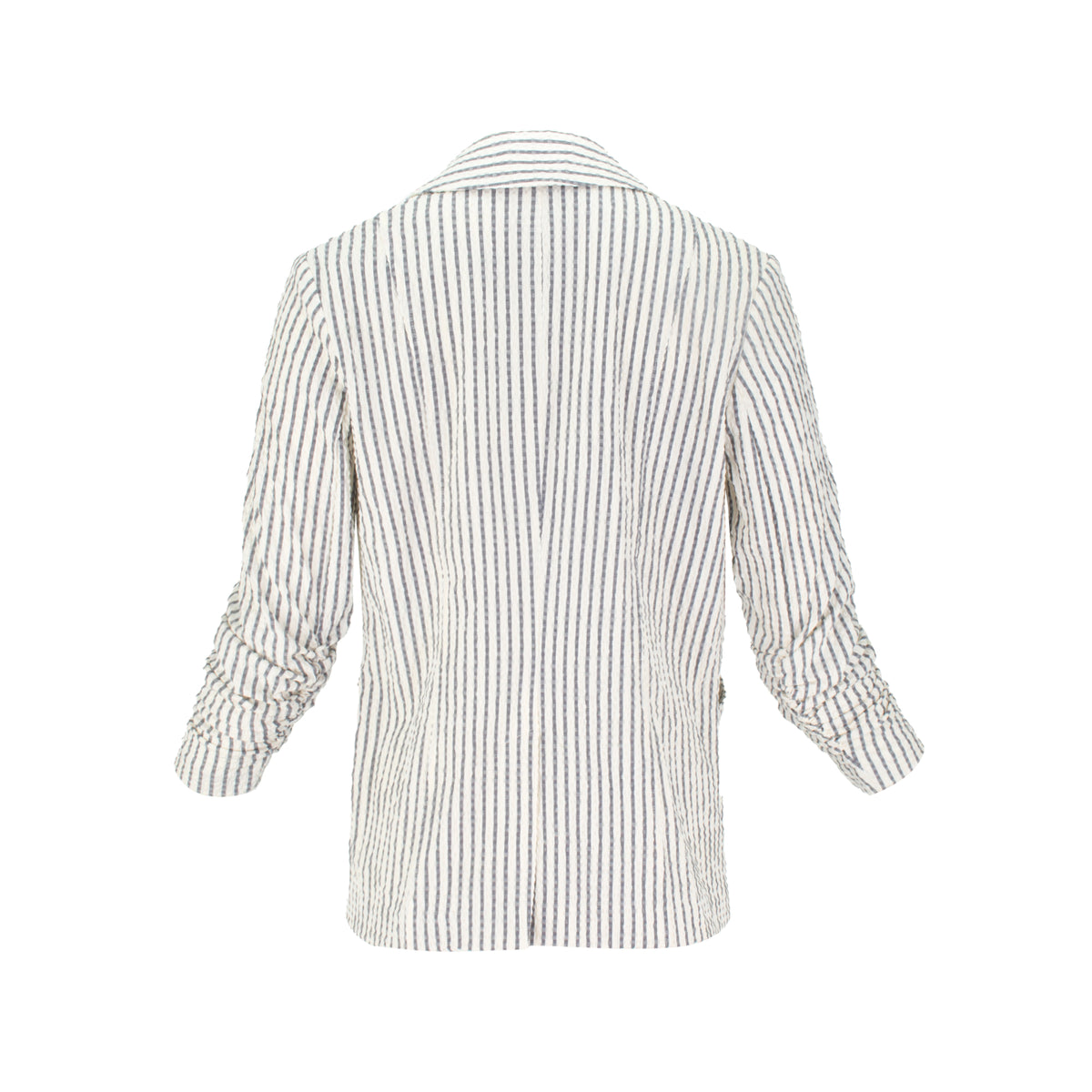 Lightweight breathable Italian seersucker striped blazer with stretch, tailored structure, and 3/4 sleeves