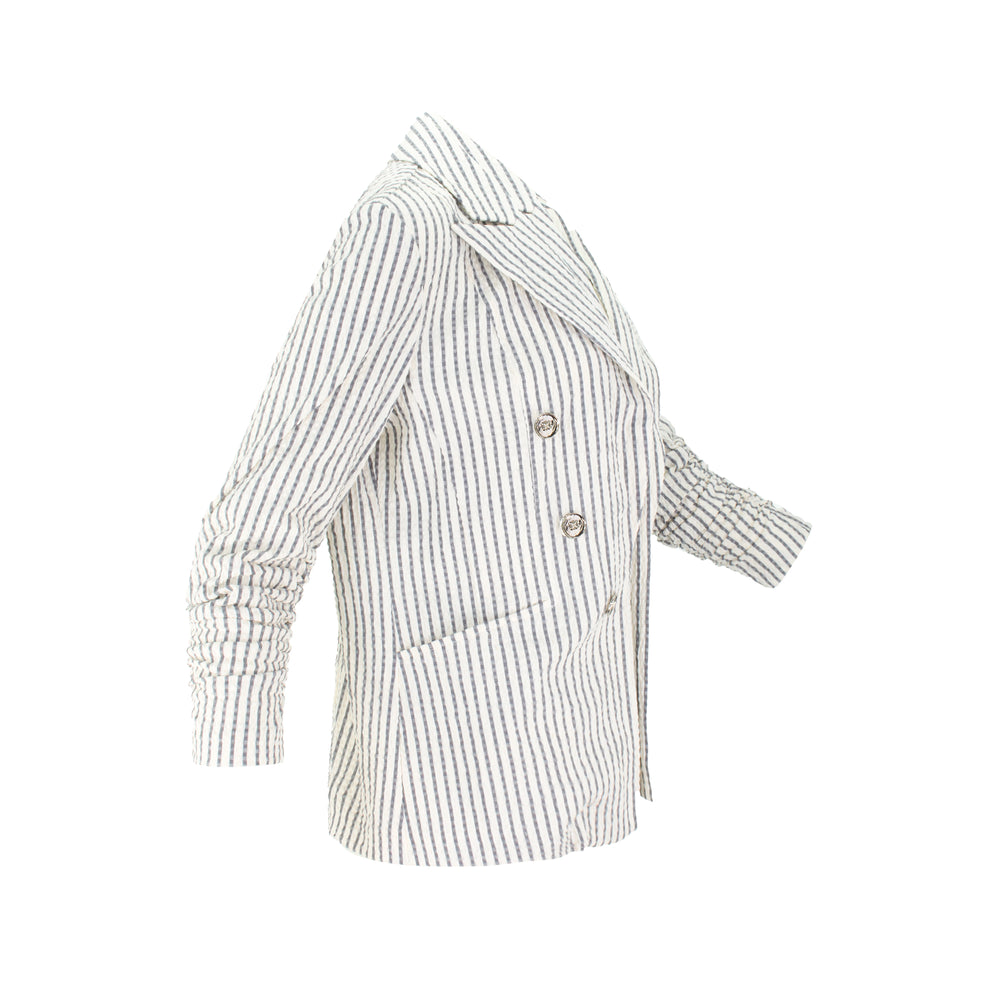Lightweight breathable Italian seersucker striped blazer with stretch, tailored structure, and 3/4 sleeves