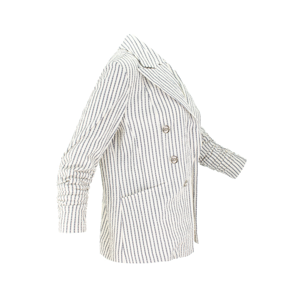 Lightweight breathable Italian seersucker striped blazer with stretch, tailored structure, and 3/4 sleeves