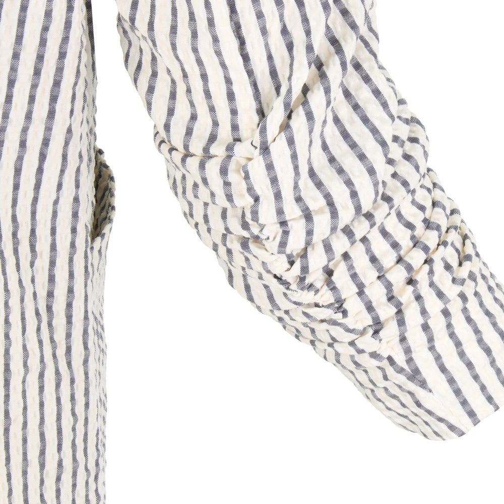 Lightweight breathable Italian seersucker striped blazer with stretch, tailored structure, and 3/4 sleeves