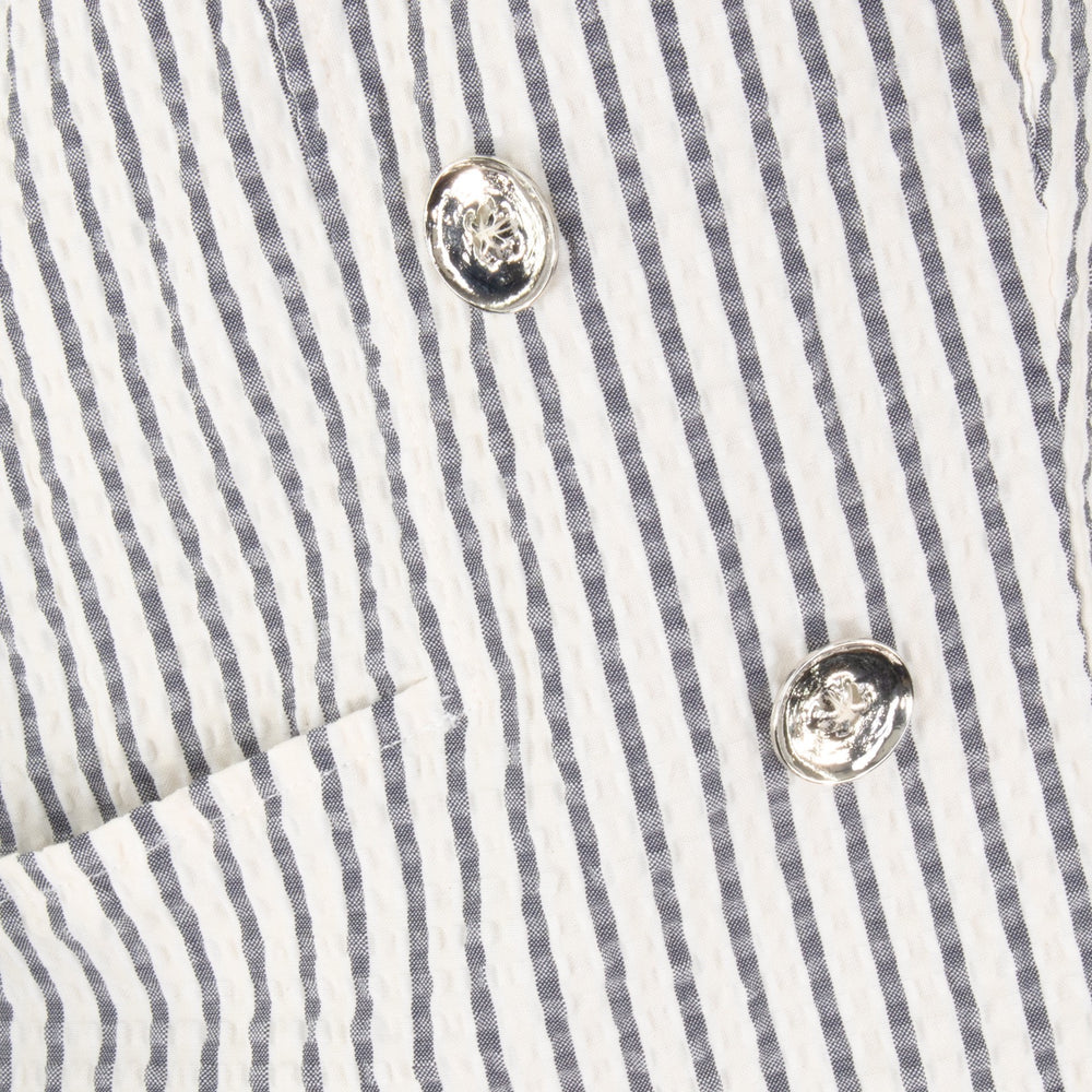 Lightweight breathable Italian seersucker striped blazer with stretch, tailored structure, and 3/4 sleeves