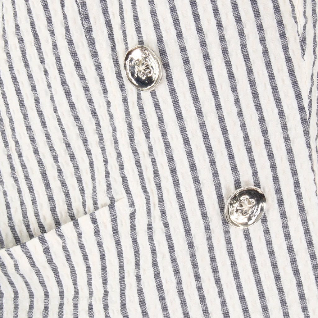 Lightweight breathable Italian seersucker striped blazer with stretch, tailored structure, and 3/4 sleeves