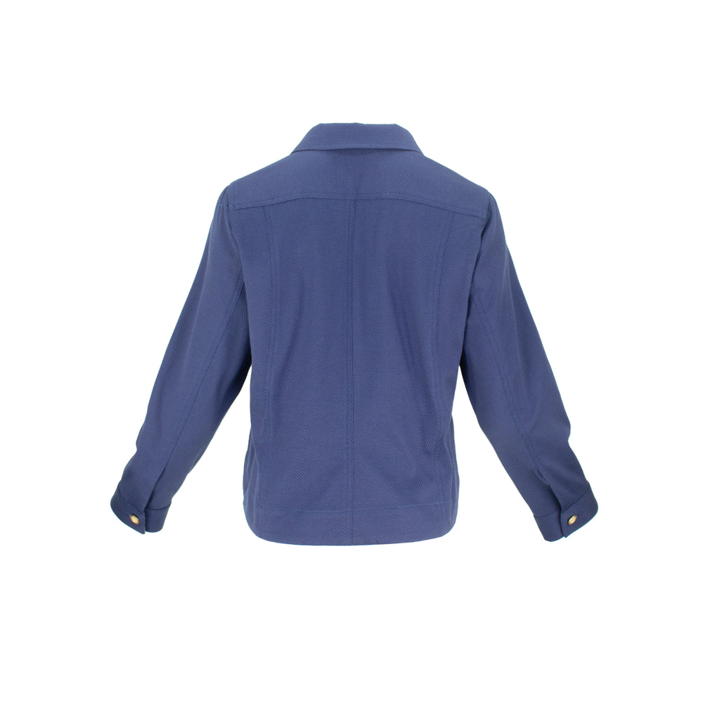 The Lisa Astra fabric stretch collared long sleeve jacket with vibrant floral print, front button closure, and front pocket details