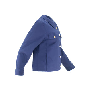 The Lisa Astra fabric stretch collared long sleeve jacket with vibrant floral print, front button closure, and front pocket details