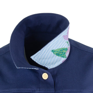 The Lisa Astra fabric stretch collared long sleeve jacket with vibrant floral print, front button closure, and front pocket details